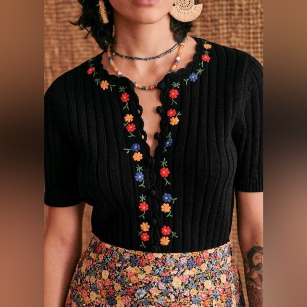 NEW Sezane Ilena Black Short Sleeve Cardigan with Floral Embroidery | size S